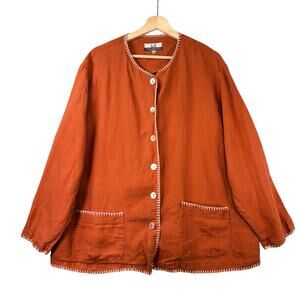 VTG SIZE 2X Plus 100% Linen ButtonUp Shirt Lagenlook Whipstitch Orng Womens Top